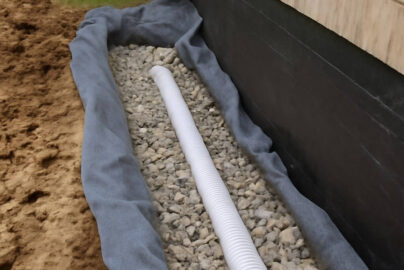 Please make a clear and realistic featured image with this Factors to Consider for Exterior French Drain Basement Waterproofingas if the image were square in size and without text